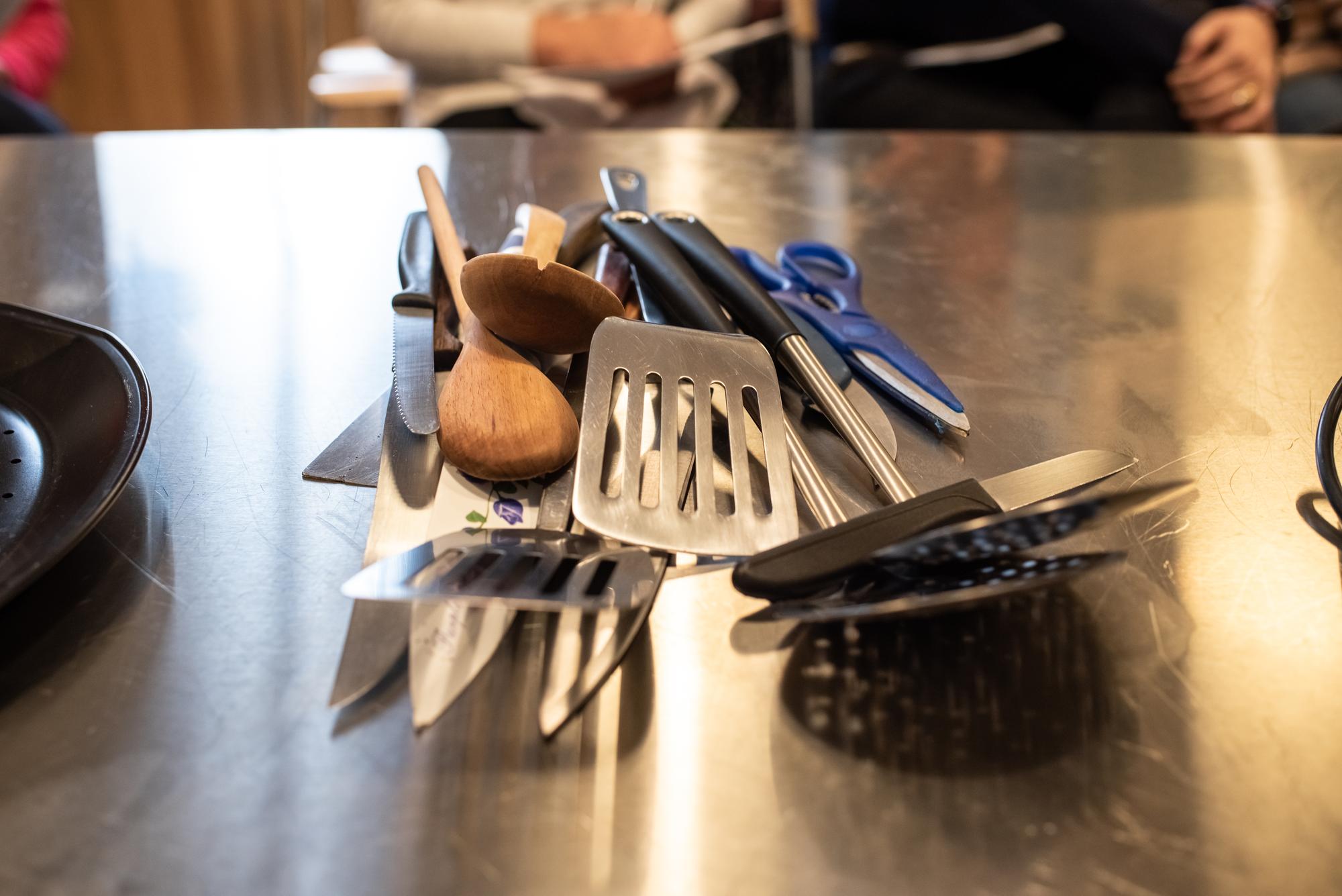 Workshop table with tools and plated sample